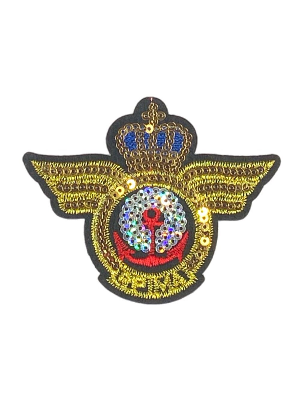 Winged Crown Crest Sequin Iron On Patch Gold Blue Red Royal Applique